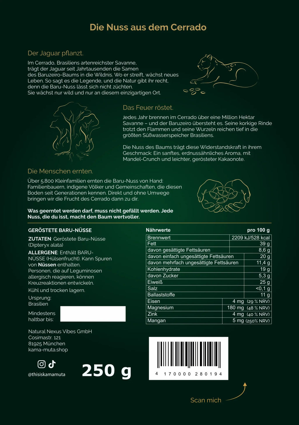 KAMA MUTA Baru-Nüsse Rückseite 3er Pack – Zutaten, Nährwerte und Nachhaltigkeitsinfo