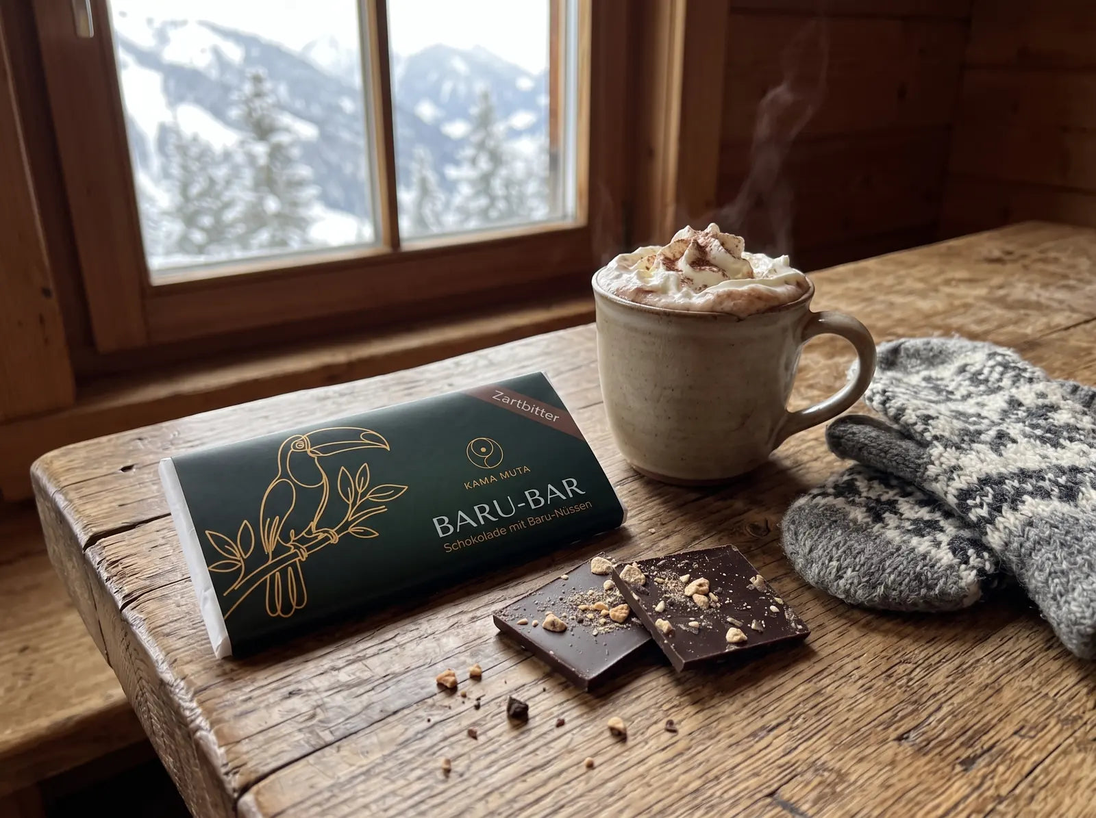 BARU-BAR Zartbitter auf einem Holztisch in einer Berghütte, davor zwei Stücke Zartbitterschokolade mit gehackten Baru-Nüssen, daneben eine Tasse heiße Schokolade und Strickhandschuhe (KI-generiert)
