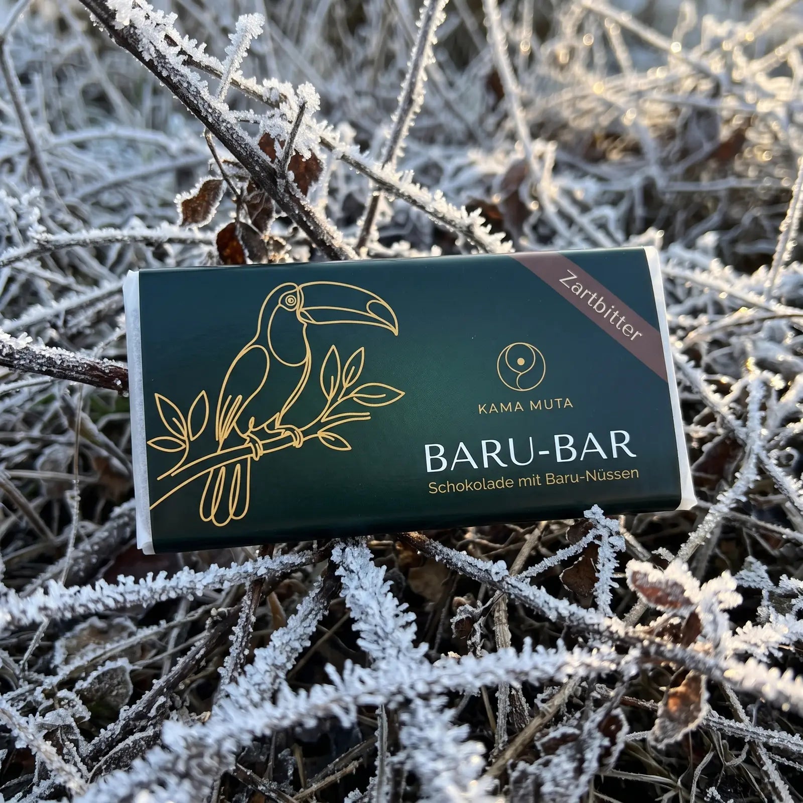 BARU-BAR Zartbitter, Schokolade mit Baru-Nüssen, Tafel in grüner Banderole mit Tukan zwischen mit Raureif bedeckten Zweigen (KI-generiert)