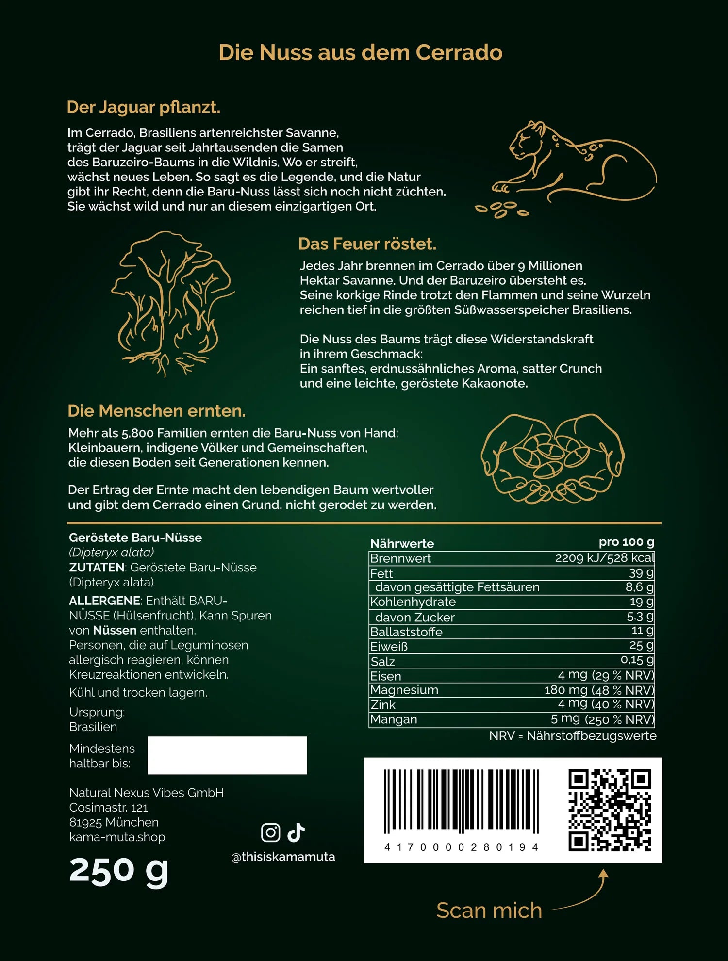 Rückseite des Beutels KAMA MUTA Baru-Nüsse 250 g mit Zutaten, Allergenhinweis, Nährwerten und der Geschichte aus dem Cerrado